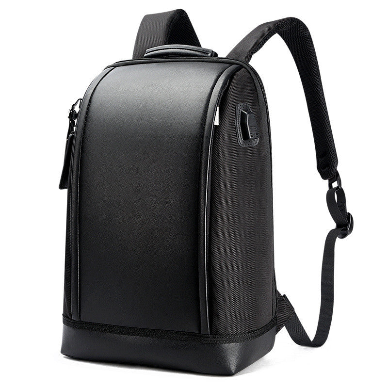 Casual black backpack for men featuring adjustable shoulder straps and durable microfiber PU leather material.