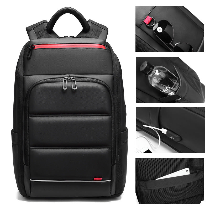 Stylish computer backpack for men and women with USB charging port, featuring multiple pockets and a sleek black design.