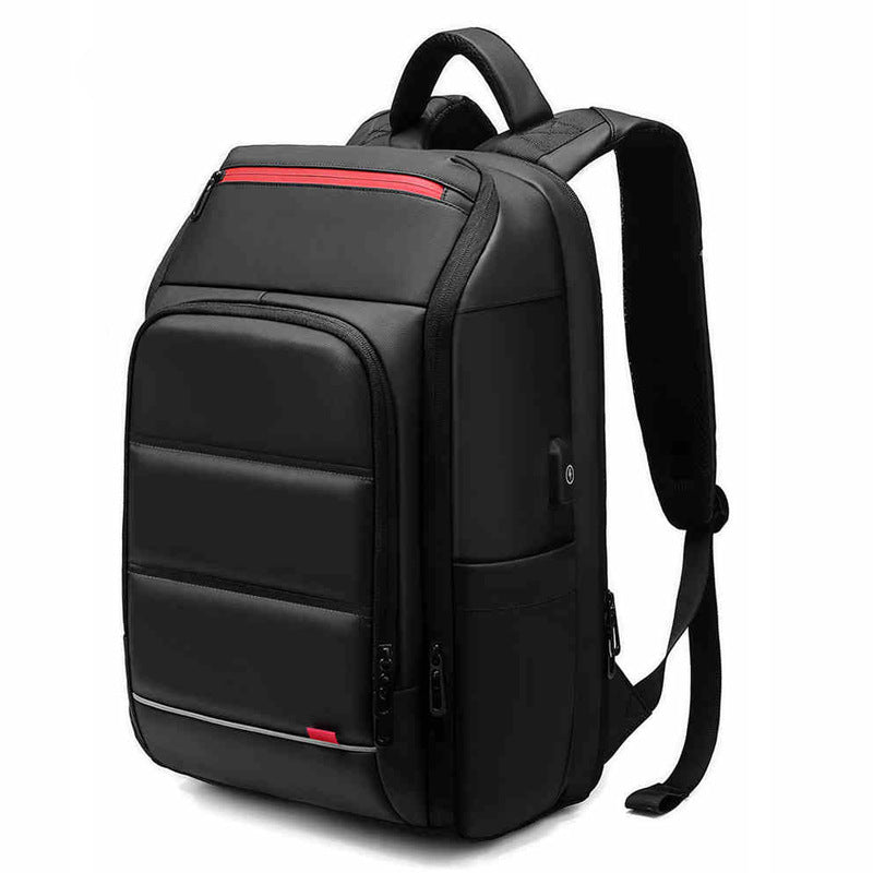 Stylish computer backpack for men and women with USB charging port, featuring multiple pockets and a sleek black design.