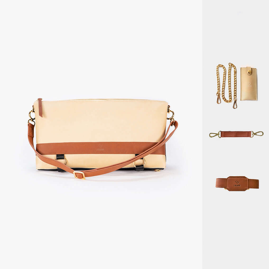 DAKOTA 3 in 1 Convertible Backpack Purse in Sand with Burnt Sienna accents, showcasing its elegant design and detachable accessories.