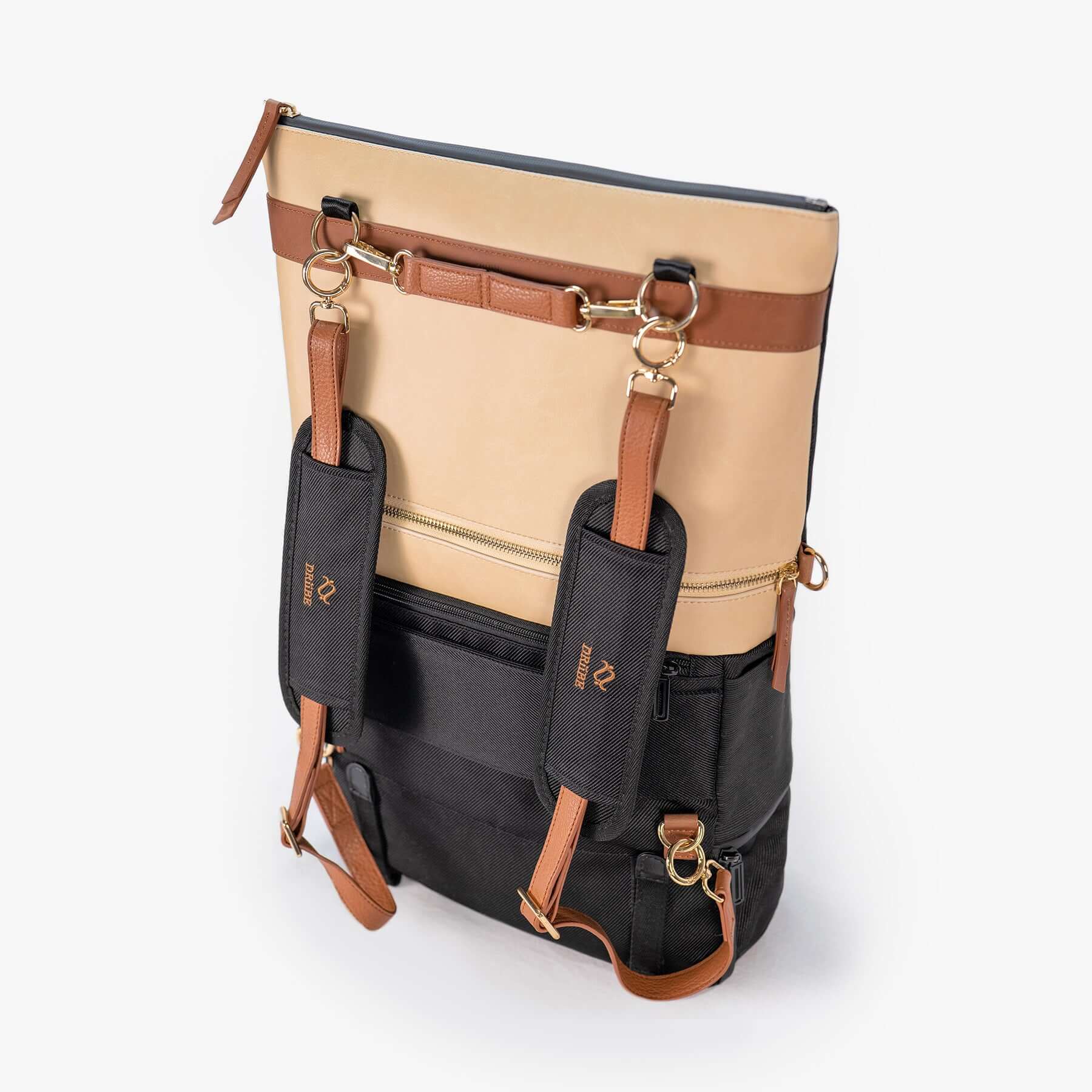 DAKOTA 3 in 1 Convertible Backpack Purse in Sand with Burnt Sienna accents, showcasing its elegant design and detachable accessories.