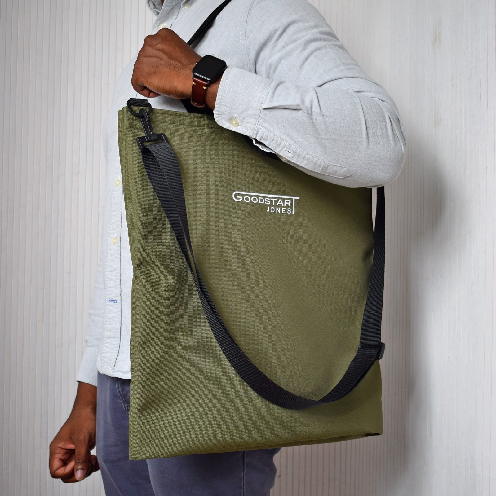 GoodDay Tote Bag in Olive Green with adjustable shoulder strap and two handles, showcasing its stylish and multifunctional design.