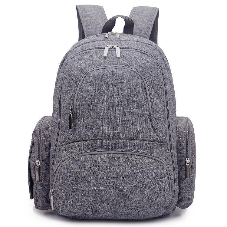 Gray multi-function mummy bag with large capacity, featuring double straps and zipper pockets, ideal for parents.