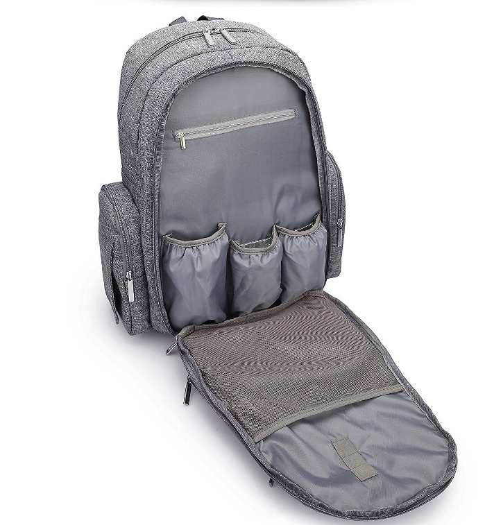 Gray multi-function mummy bag with large capacity, featuring double straps and zipper pockets, ideal for parents.