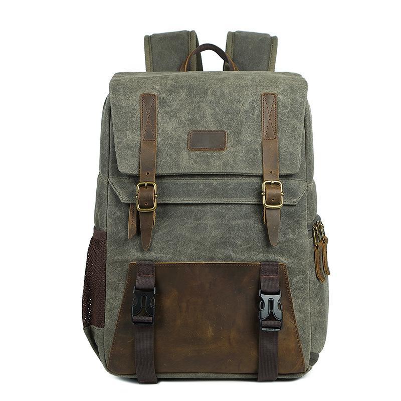 High Quality Breathable Waterproof Canvas Camera Backpack in khaki color, showcasing its durable canvas material and spacious design.