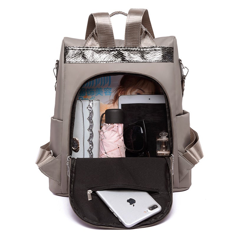 High Quality Fashion Stitching Backpack for Women in stylish design, made of waterproof Oxford cloth with multiple pockets.