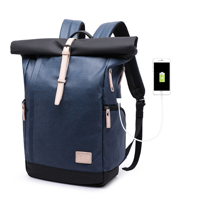 High Quality Oxford Cloth Backpack featuring a USB charging port, available in Elite Gray, Plaid Gray, and Fashion Blue.