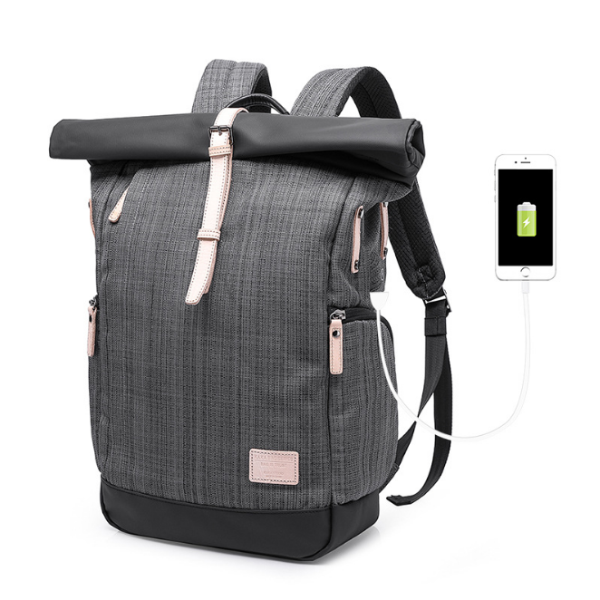 High Quality Oxford Cloth Backpack featuring a USB charging port, available in Elite Gray, Plaid Gray, and Fashion Blue.