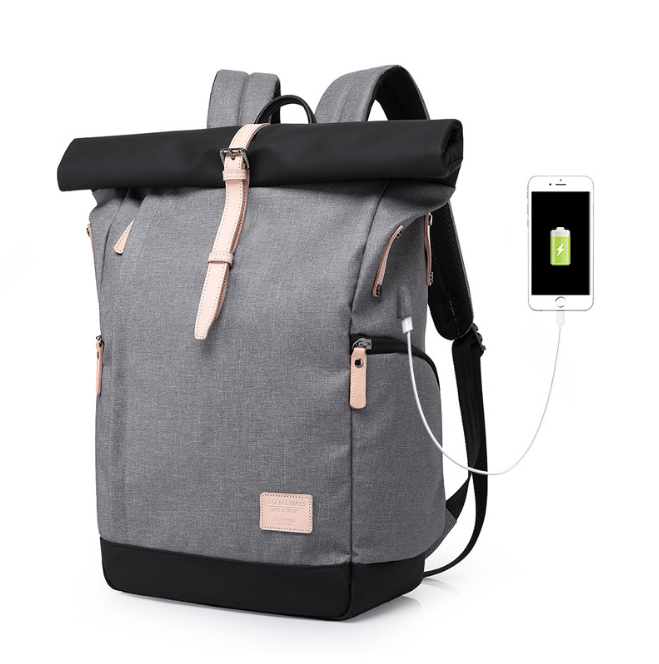 High Quality Oxford Cloth Backpack featuring a USB charging port, available in Elite Gray, Plaid Gray, and Fashion Blue.