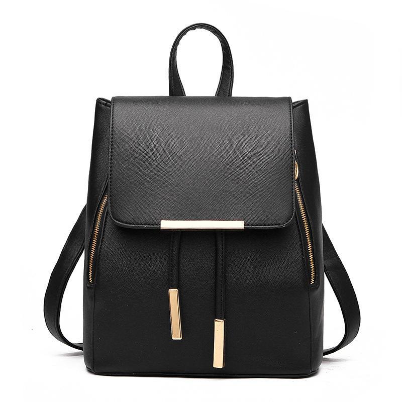 High Quality Solid Color College Style Casual Backpack in soft PU leather, featuring multiple pockets and double straps for comfort.