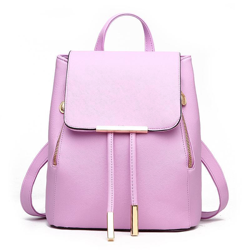 High Quality Solid Color College Style Casual Backpack in soft PU leather, featuring multiple pockets and double straps for comfort.