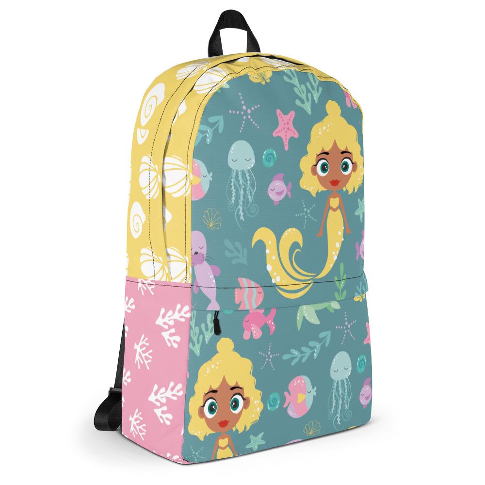 Kritter Mermaid Sea Youth Backpack in teal with ergonomic straps and multiple pockets, featuring a whimsical mermaid design.