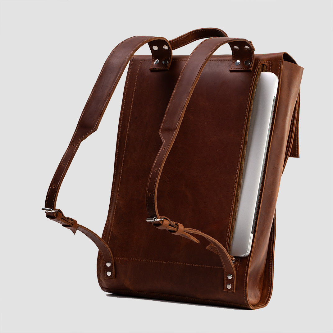 Leather Backpack - Metropolian in Cognac Brown, showcasing its elegant design and functional compartments.