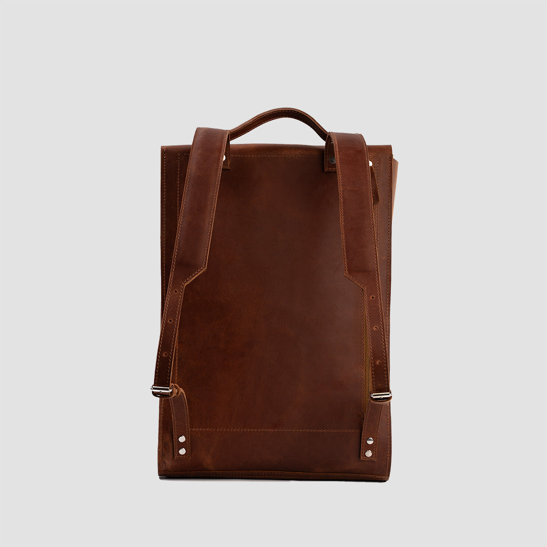 Leather Backpack - Metropolian in Cognac Brown, showcasing its elegant design and functional compartments.