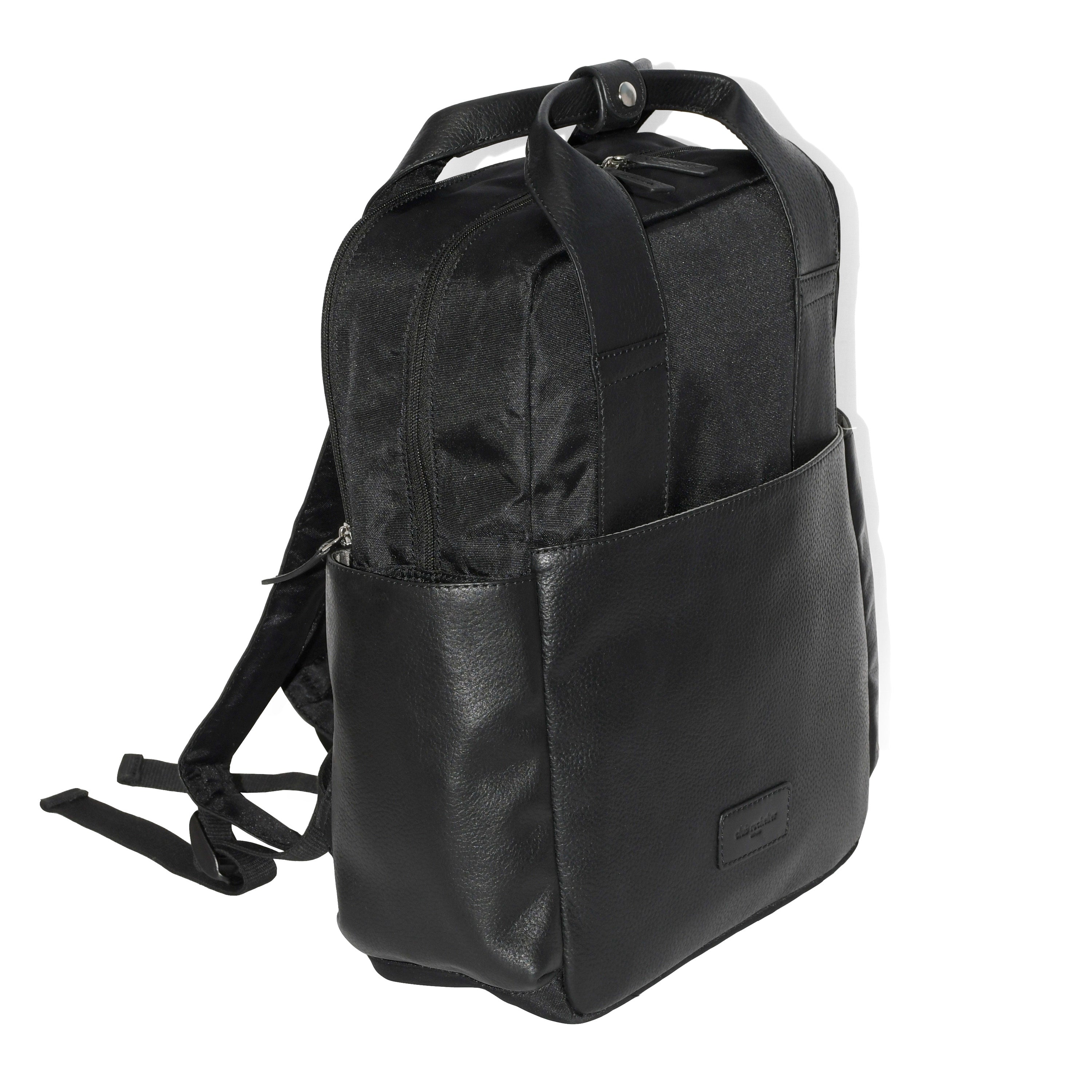 Stylish leather backpack featuring double handles, multiple pockets, and padded compartments for laptop protection, ideal for business and travel.