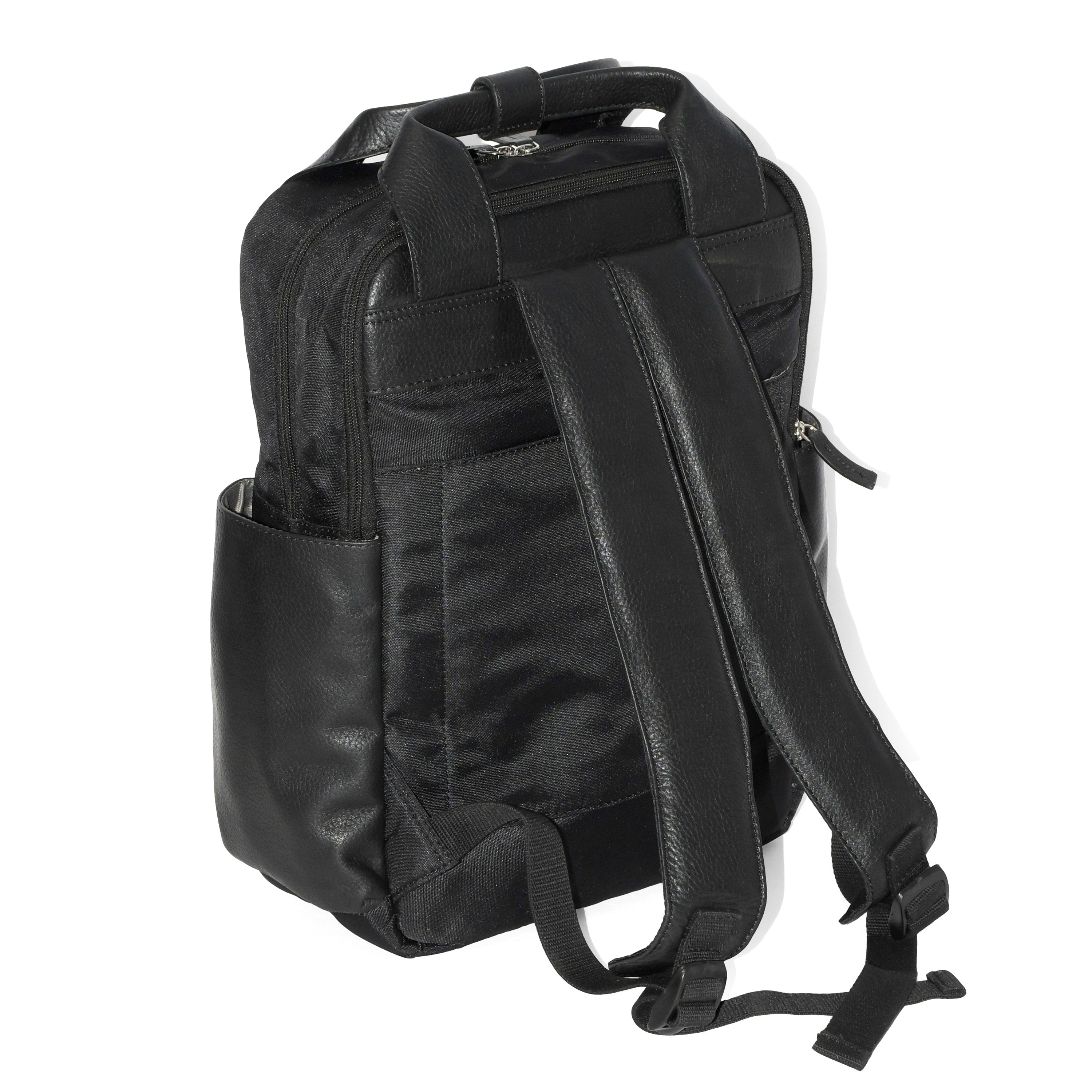 Stylish leather backpack featuring double handles, multiple pockets, and padded compartments for laptop protection, ideal for business and travel.