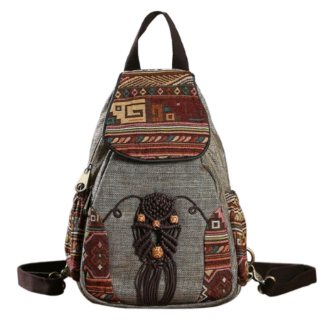 Light grey canvas retro small backpack for women with geometric pattern and hand-woven details.