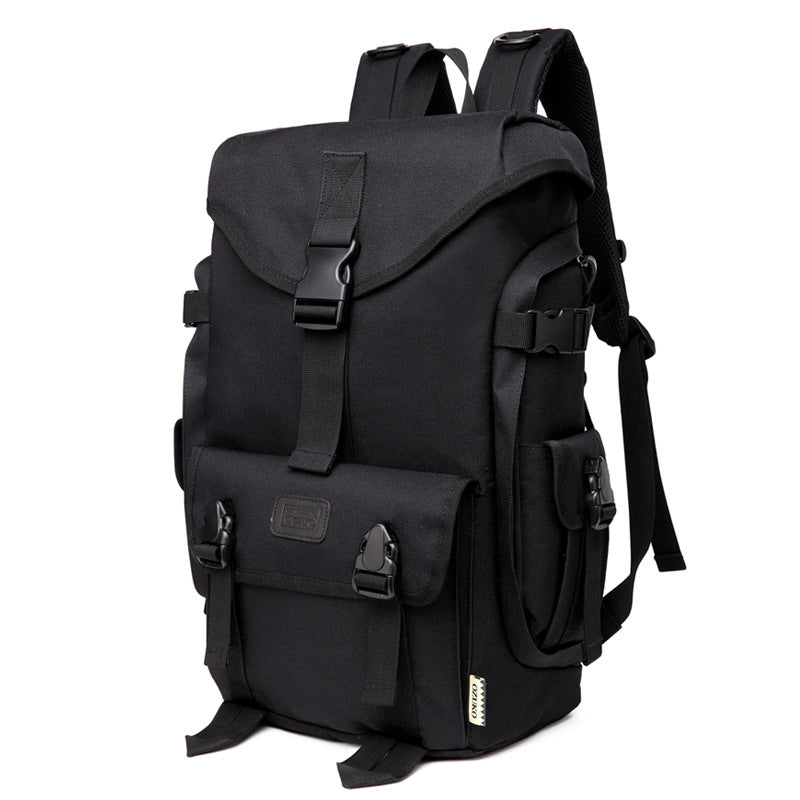 Lightweight Oxford cloth backpack designed for men and women, featuring multiple pockets and adjustable straps for comfort.