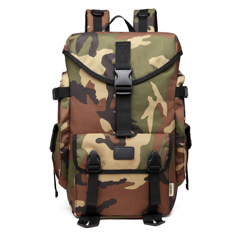 Lightweight Oxford cloth backpack designed for men and women, featuring multiple pockets and adjustable straps for comfort.