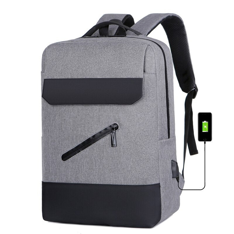 Men's multifunctional backpack with USB charging port, made of durable Oxford material, featuring a stylish patchwork design and spacious interior for laptops.