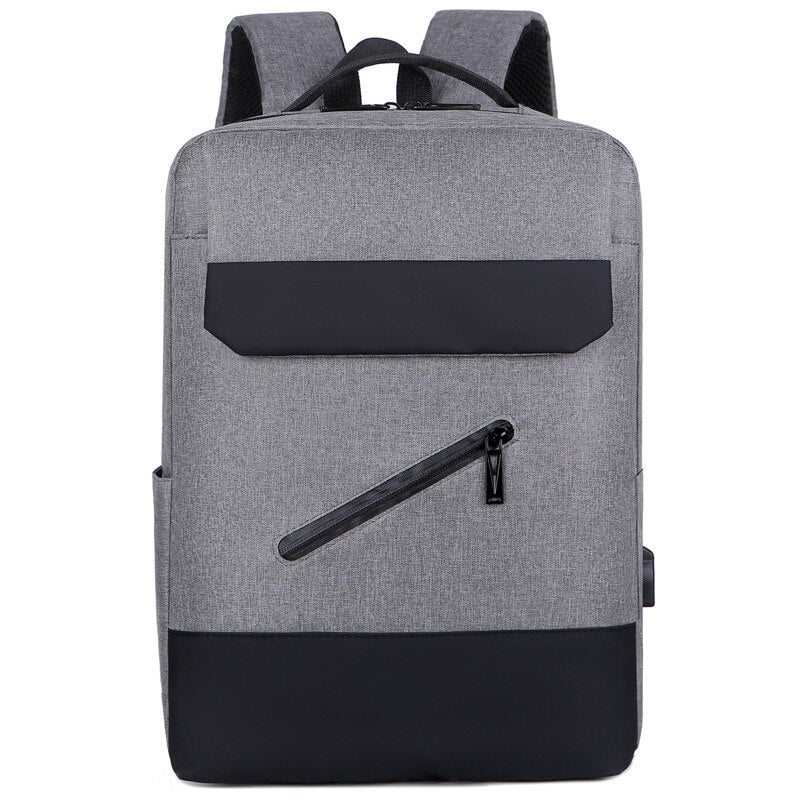 Men's multifunctional backpack with USB charging port, made of durable Oxford material, featuring a stylish patchwork design and spacious interior for laptops.
