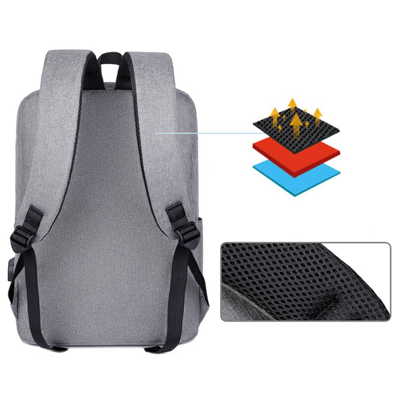 Men's multifunctional backpack with USB charging port, made of durable Oxford material, featuring a stylish patchwork design and spacious interior for laptops.