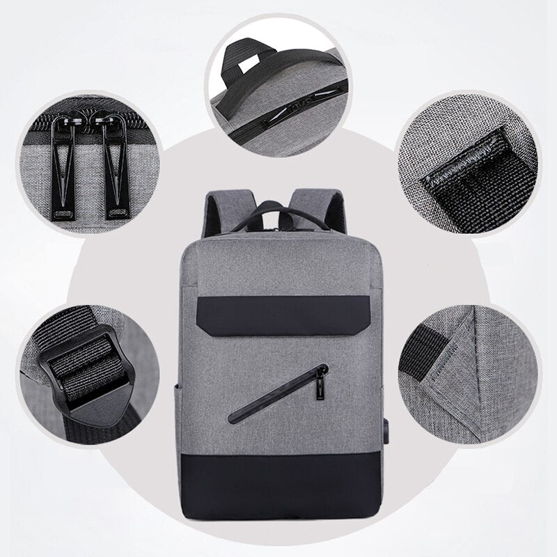Men's multifunctional backpack with USB charging port, made of durable Oxford material, featuring a stylish patchwork design and spacious interior for laptops.