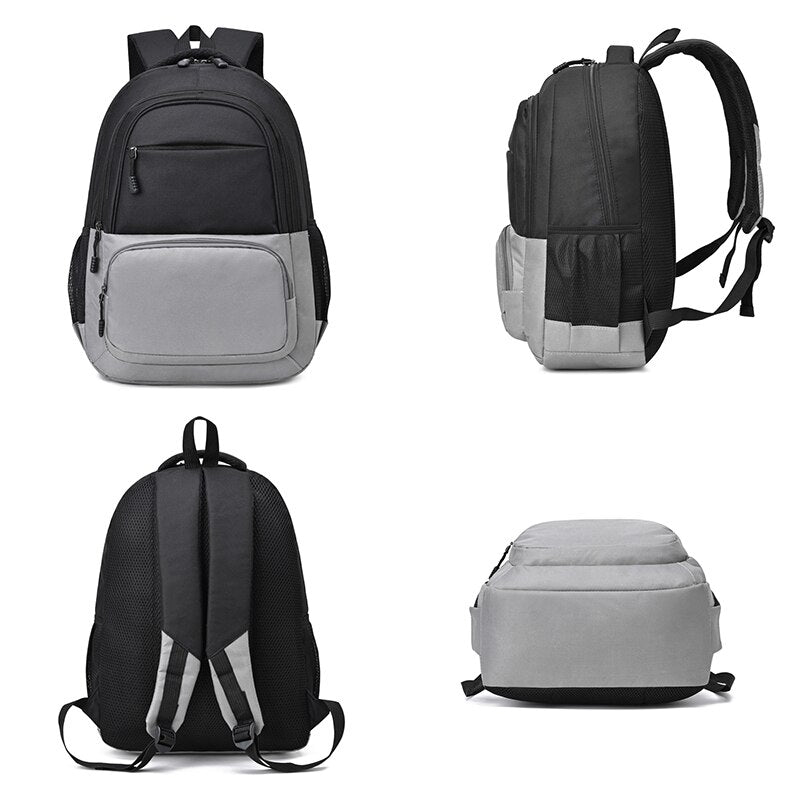 Men's nylon backpack featuring a stylish panelled design, multiple compartments, and a soft handle, ideal for daily use and travel.