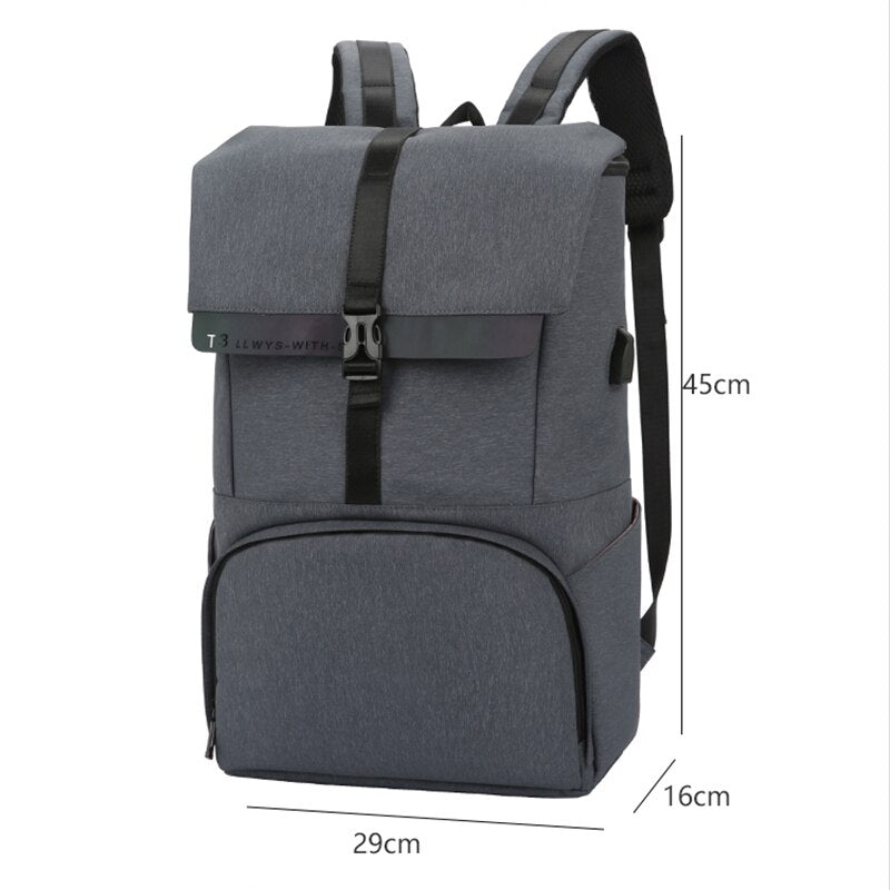 Men's multifunctional backpack with USB charging port, waterproof design, and multiple pockets for organization, suitable for business and travel.