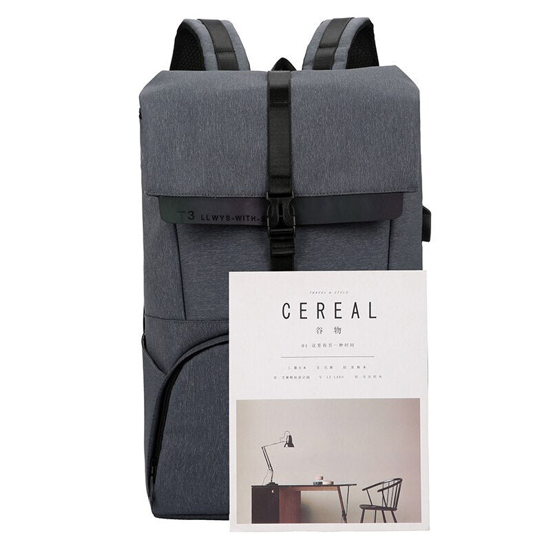 Men's multifunctional backpack with USB charging port, waterproof design, and multiple pockets for organization, suitable for business and travel.
