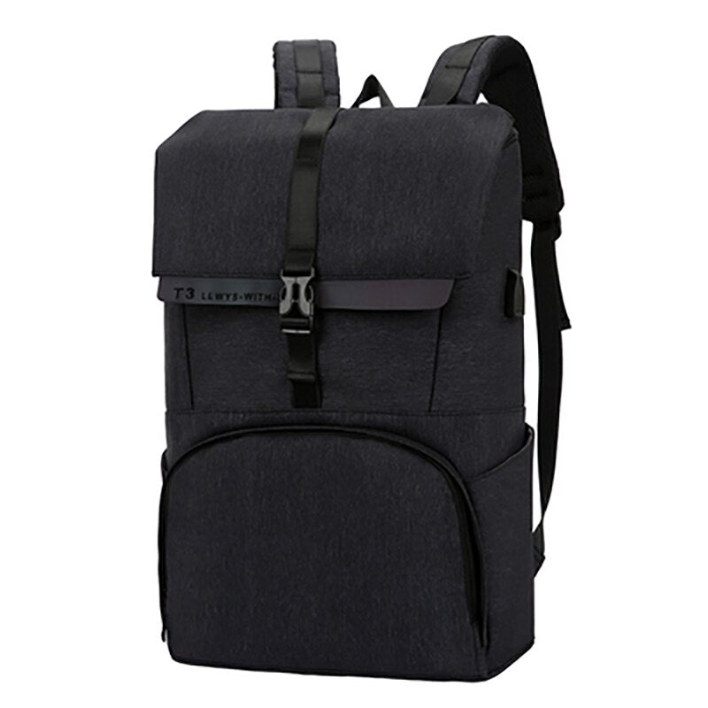 Men's multifunctional backpack with USB charging port, waterproof design, and multiple pockets for organization, suitable for business and travel.
