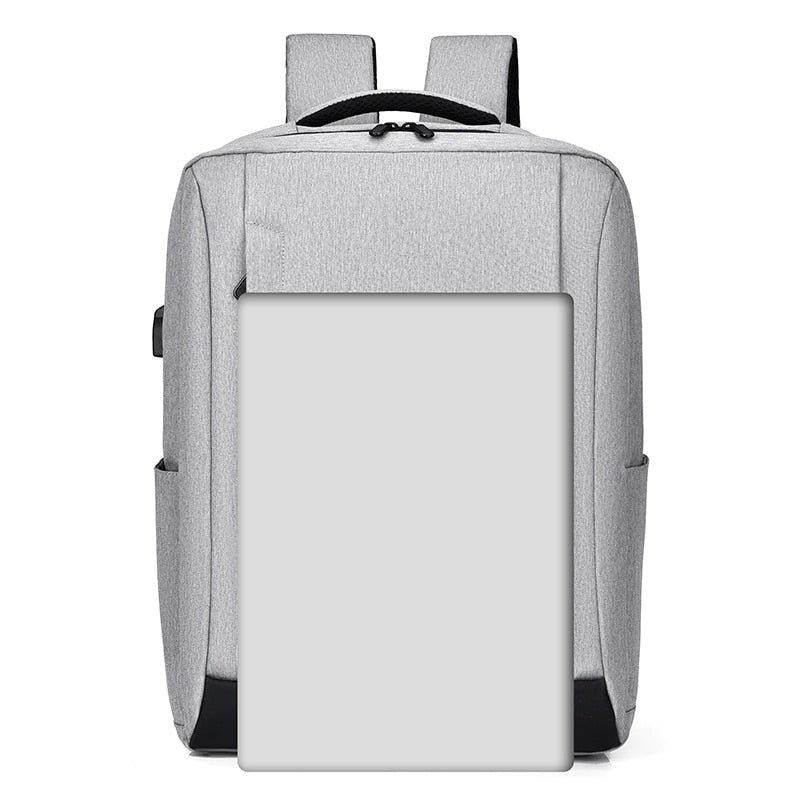 Men's Fashion Business Backpack Rucksack in black nylon with USB charging port, showcasing adjustable straps and spacious interior pockets.