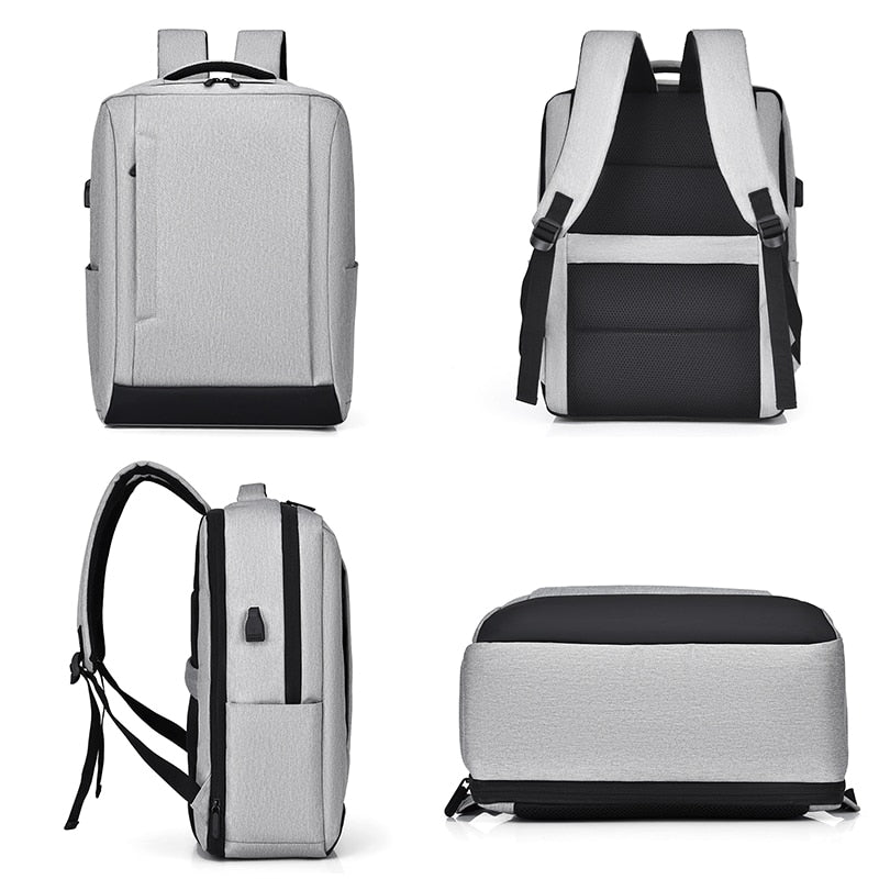 Men's Fashion Business Backpack Rucksack in black nylon with USB charging port, showcasing adjustable straps and spacious interior pockets.