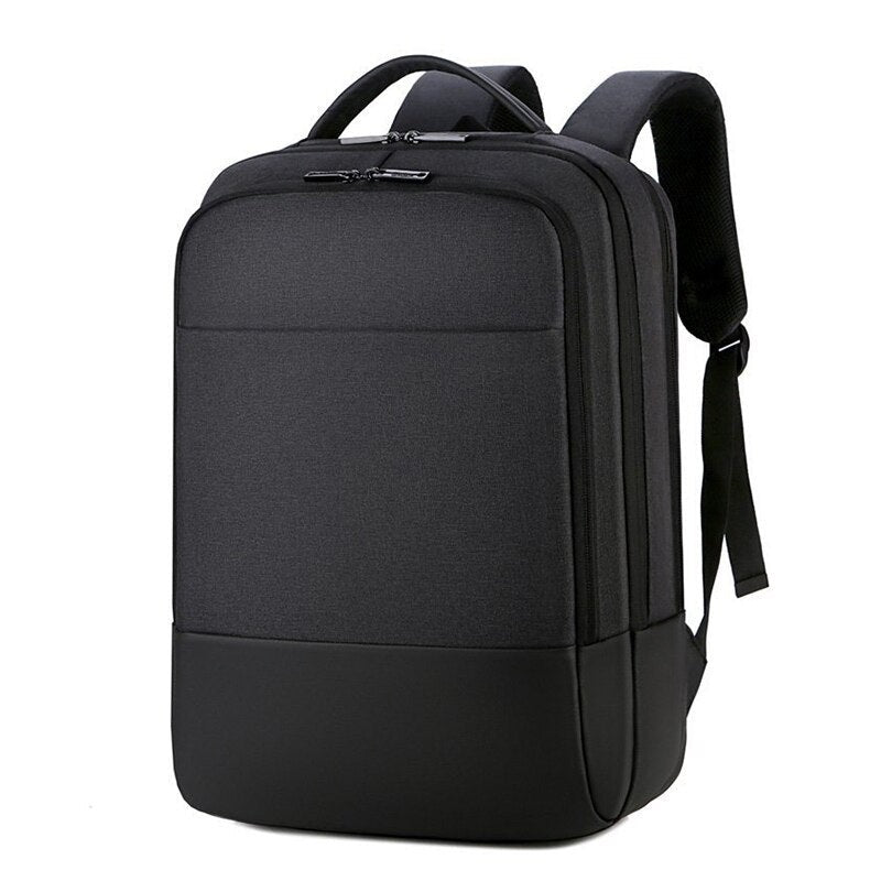 Mens multifunctional waterproof notebook backpack with USB charging port, made from durable Oxford material, featuring multiple pockets and a sleek design.