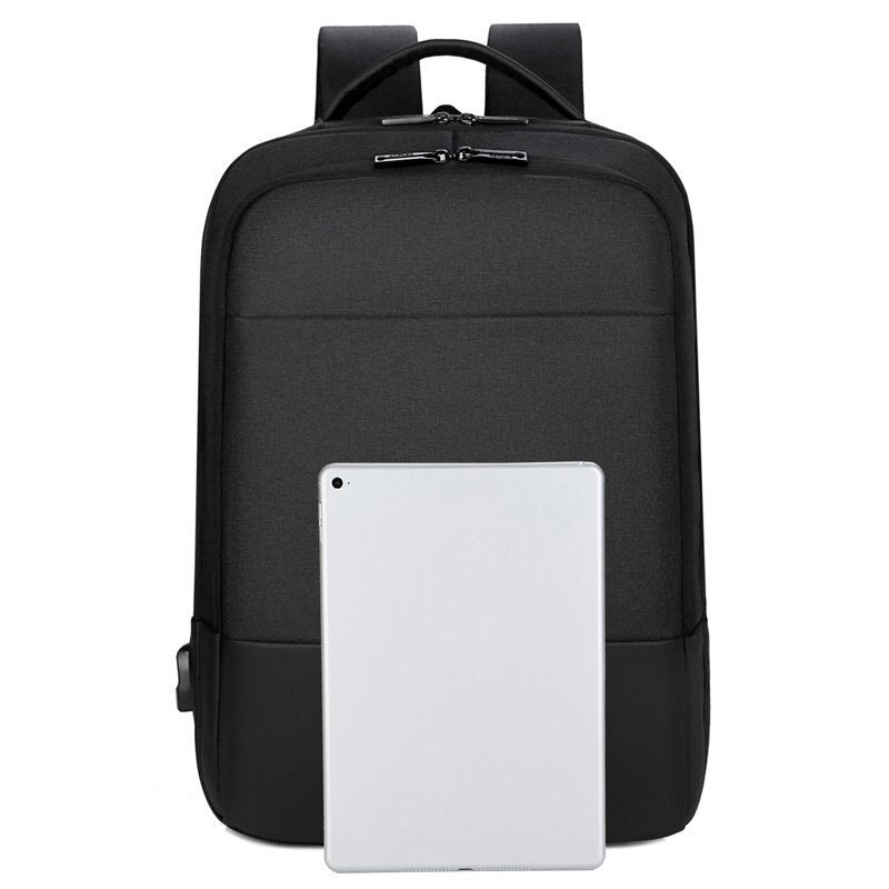 Mens multifunctional waterproof notebook backpack with USB charging port, made from durable Oxford material, featuring multiple pockets and a sleek design.