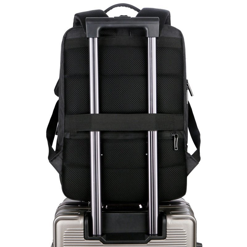 Mens multifunctional waterproof notebook backpack with USB charging port, made from durable Oxford material, featuring multiple pockets and a sleek design.