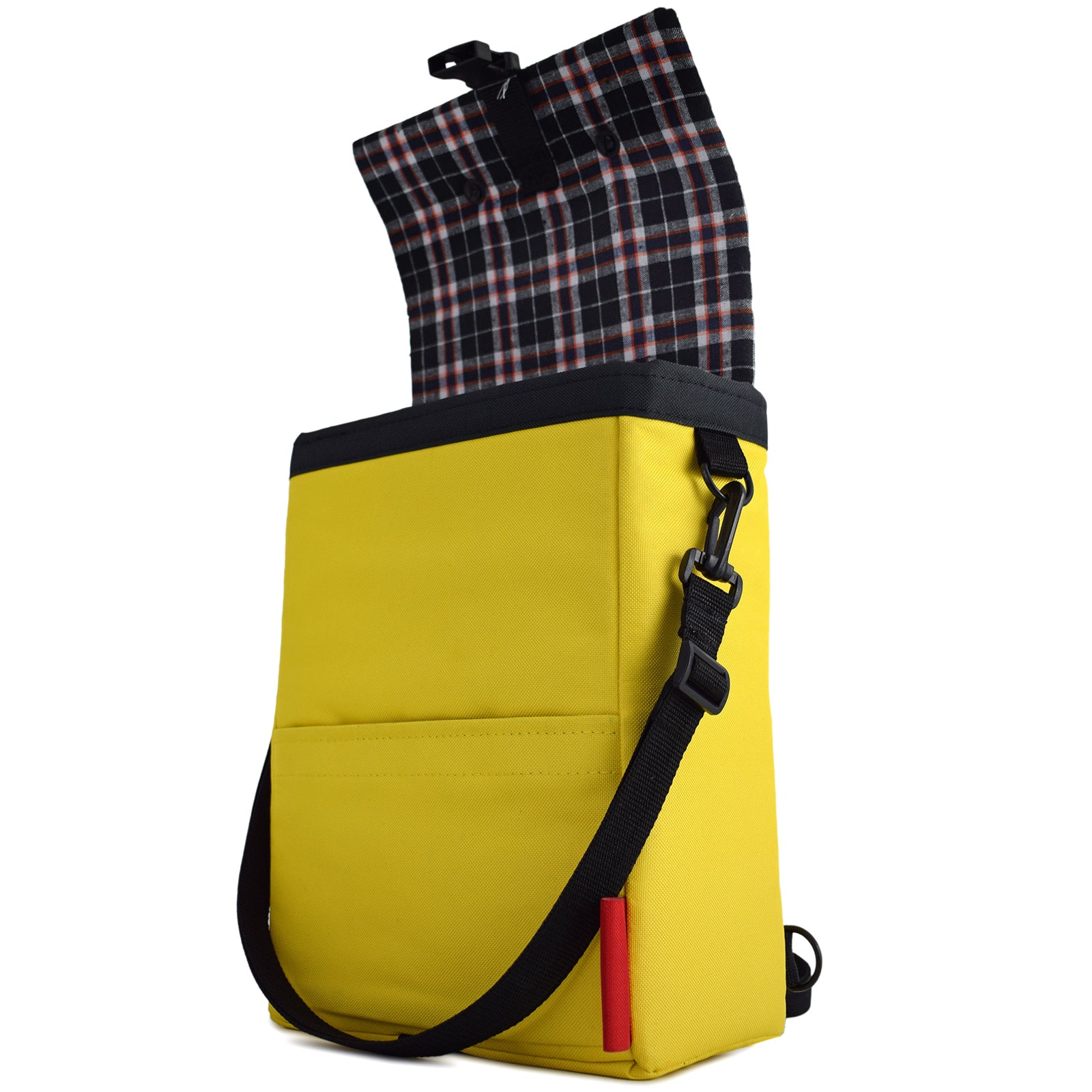 Mini Merchant Backpack in bright yellow, showcasing its multifunctional design as a backpack and crossbody bag.