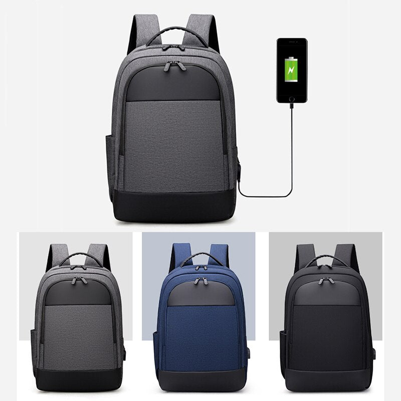 Multifunctional business waterproof Oxford cloth backpack designed for laptops, featuring USB charging port and multiple interior pockets.