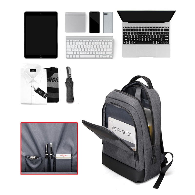 Multifunctional business waterproof Oxford cloth backpack designed for laptops, featuring USB charging port and multiple interior pockets.