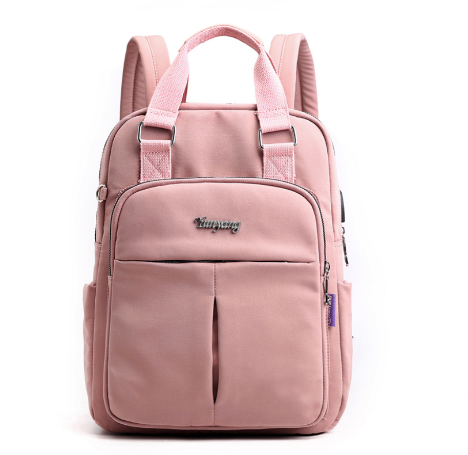 Nylon fashion backpack with USB port, featuring a stylish square design, durable nylon material, and double straps for comfort.