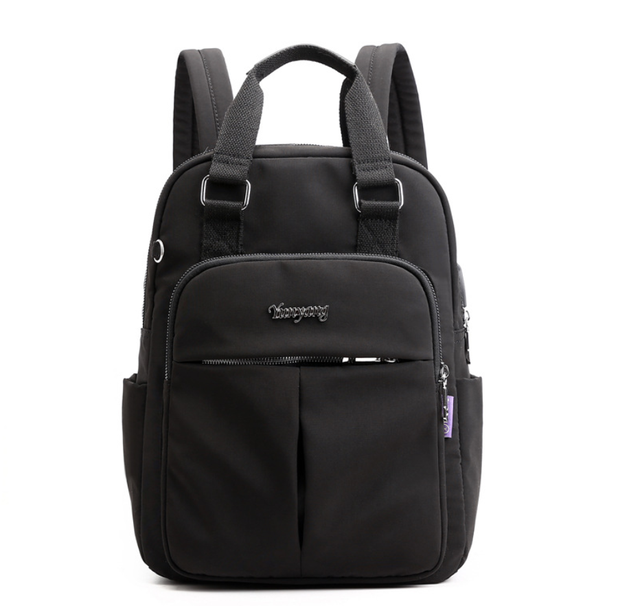 Nylon fashion backpack with USB port, featuring a stylish square design, durable nylon material, and double straps for comfort.