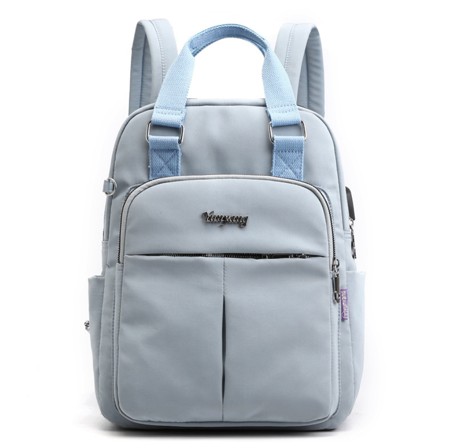 Nylon fashion backpack with USB port, featuring a stylish square design, durable nylon material, and double straps for comfort.