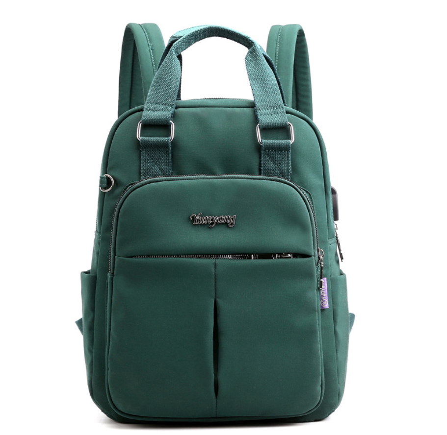 Nylon fashion backpack with USB port, featuring a stylish square design, durable nylon material, and double straps for comfort.