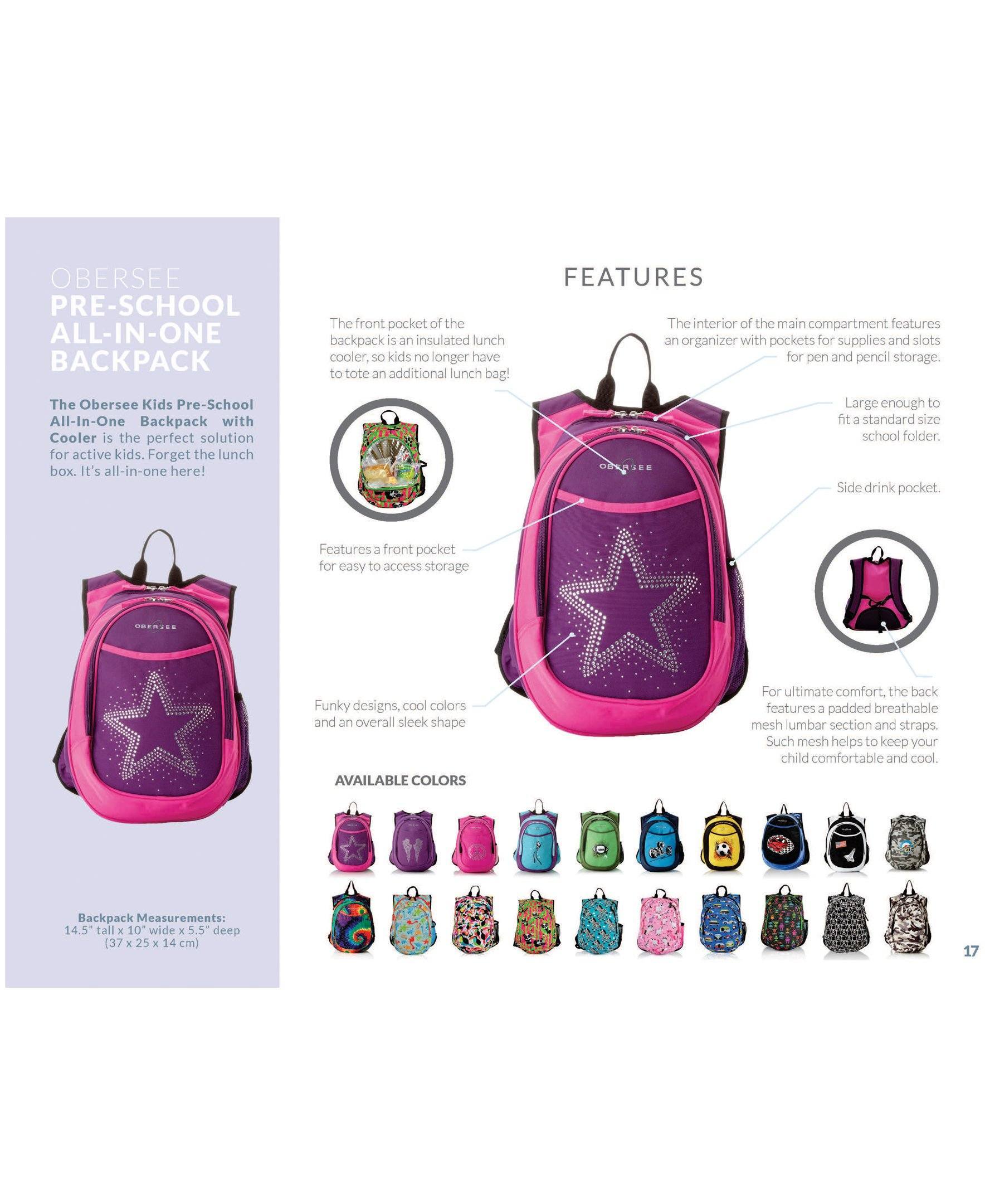 Obersee Mini Preschool All-in-One Backpack for Toddlers featuring a vibrant space design, insulated cooler pocket, and padded straps for comfort.