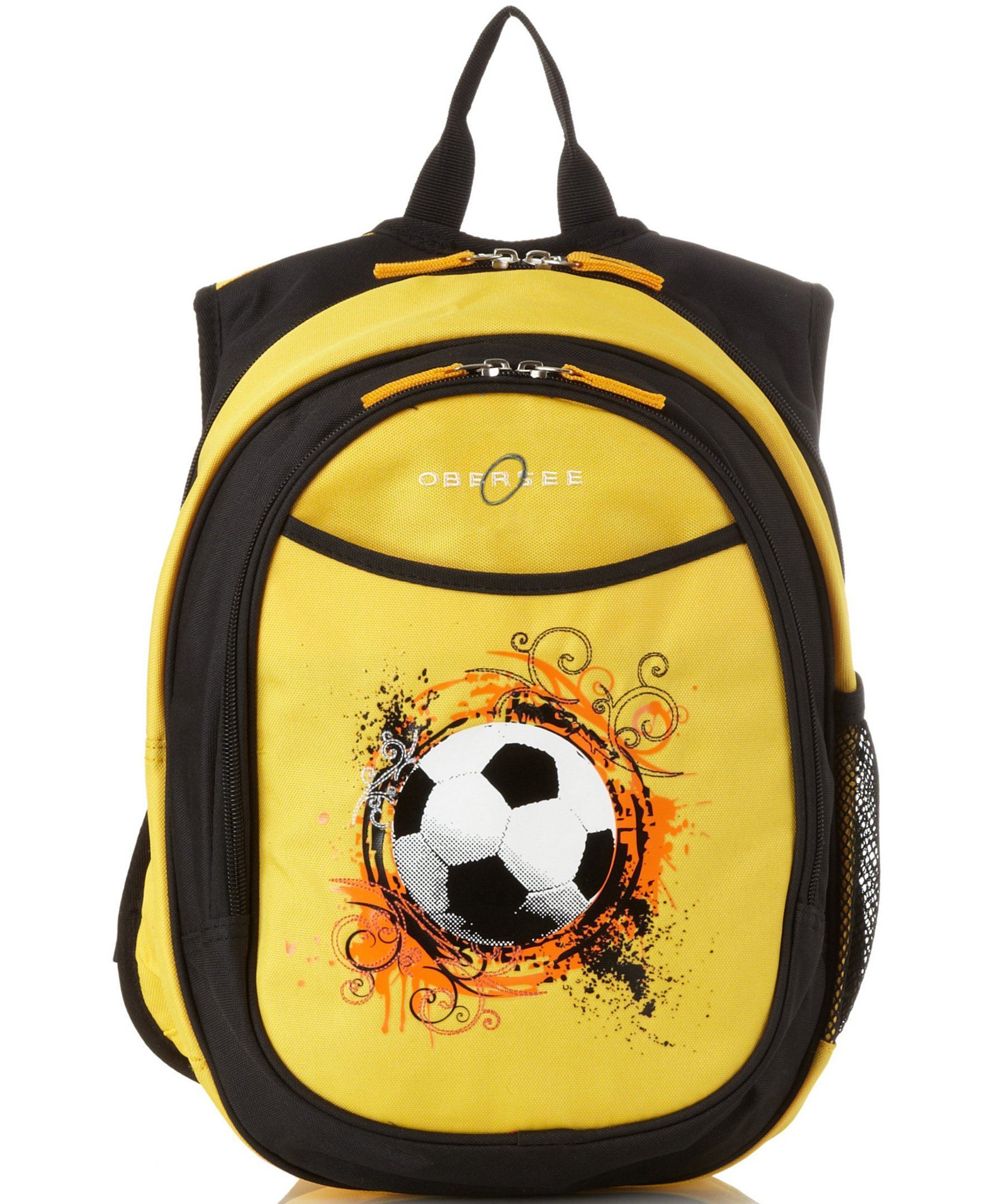 Obersee Mini Preschool All-in-One Backpack for Toddlers featuring a vibrant soccer design, insulated cooler pocket, and padded shoulder straps.