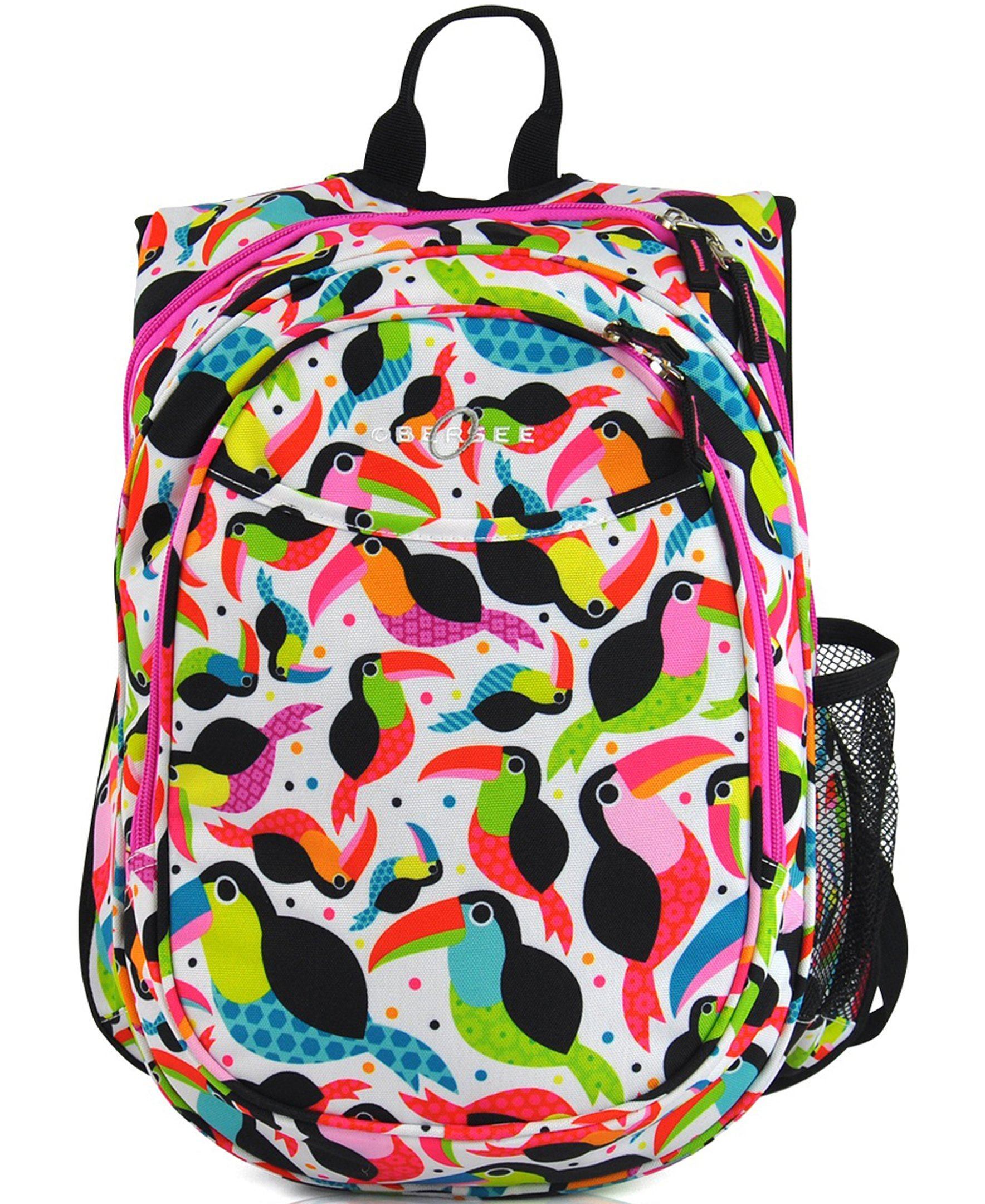 Obersee Mini Preschool All-in-One Backpack for Toddlers featuring a vibrant toucan design, insulated cooler pocket, and padded shoulder straps.
