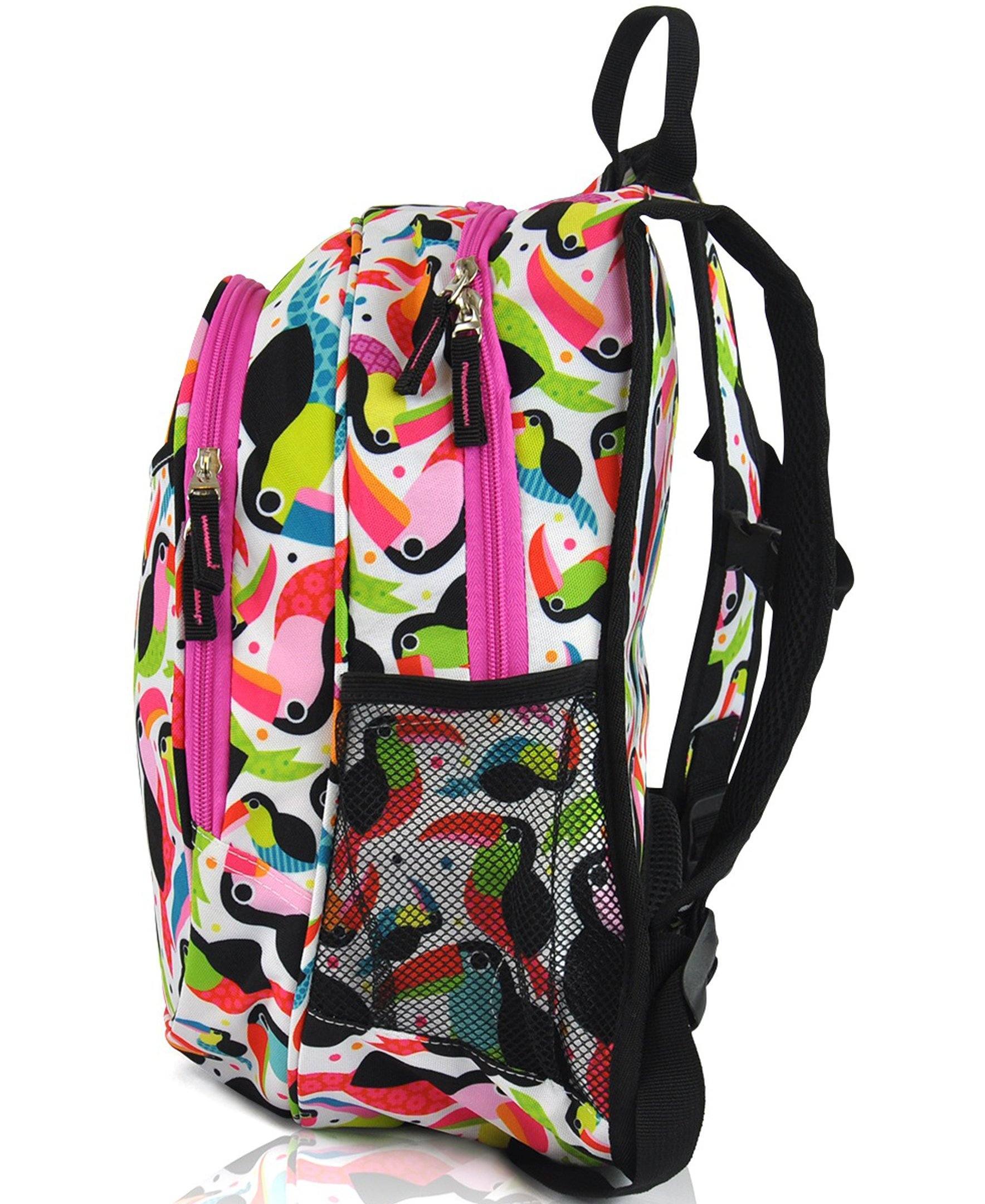 Obersee Mini Preschool All-in-One Backpack for Toddlers featuring a vibrant toucan design, insulated cooler pocket, and padded shoulder straps.