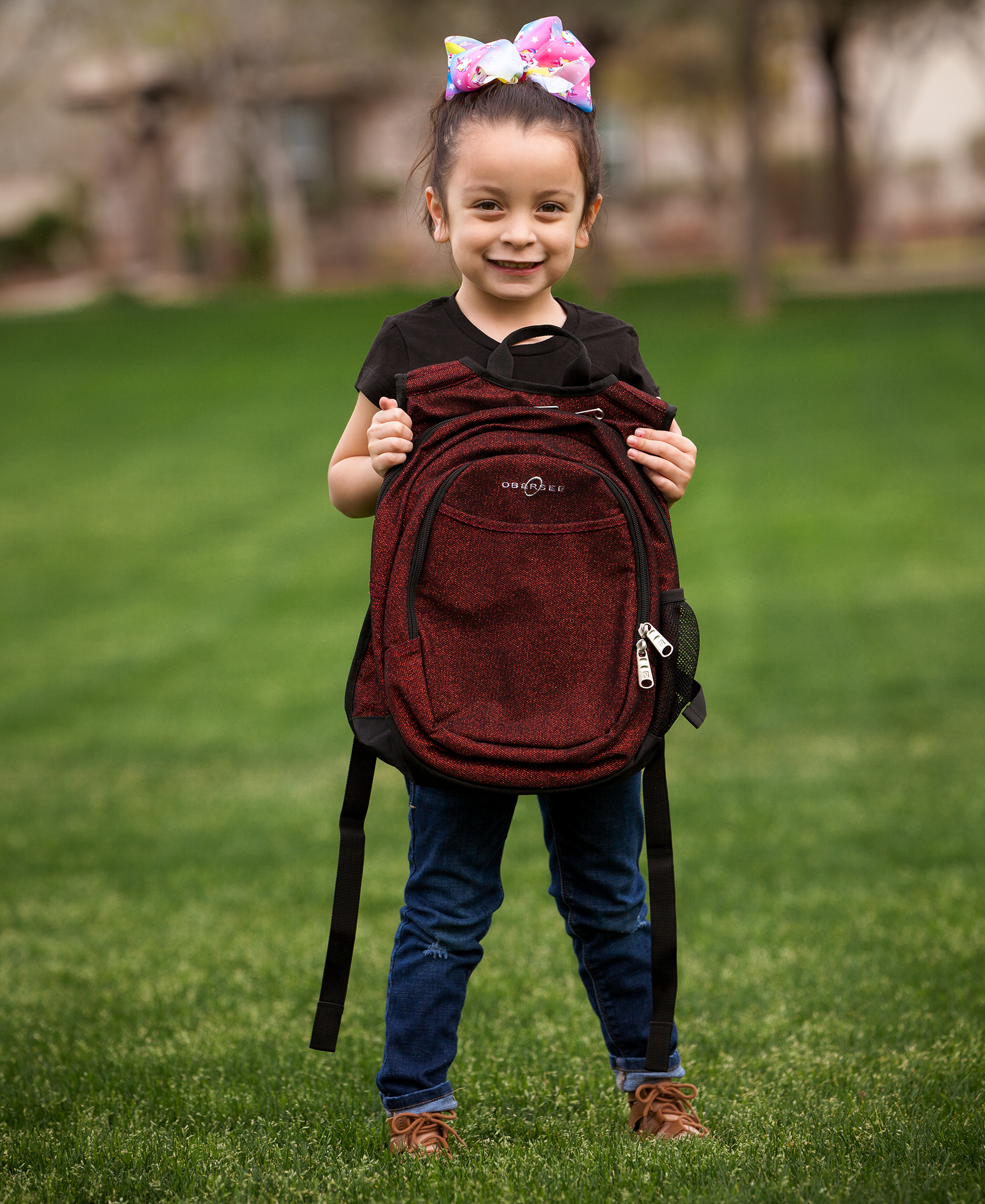 Obersee Mini Preschool Backpack for Girls featuring a sparkle design, insulated cooler pocket, and padded shoulder straps, ideal for toddlers.