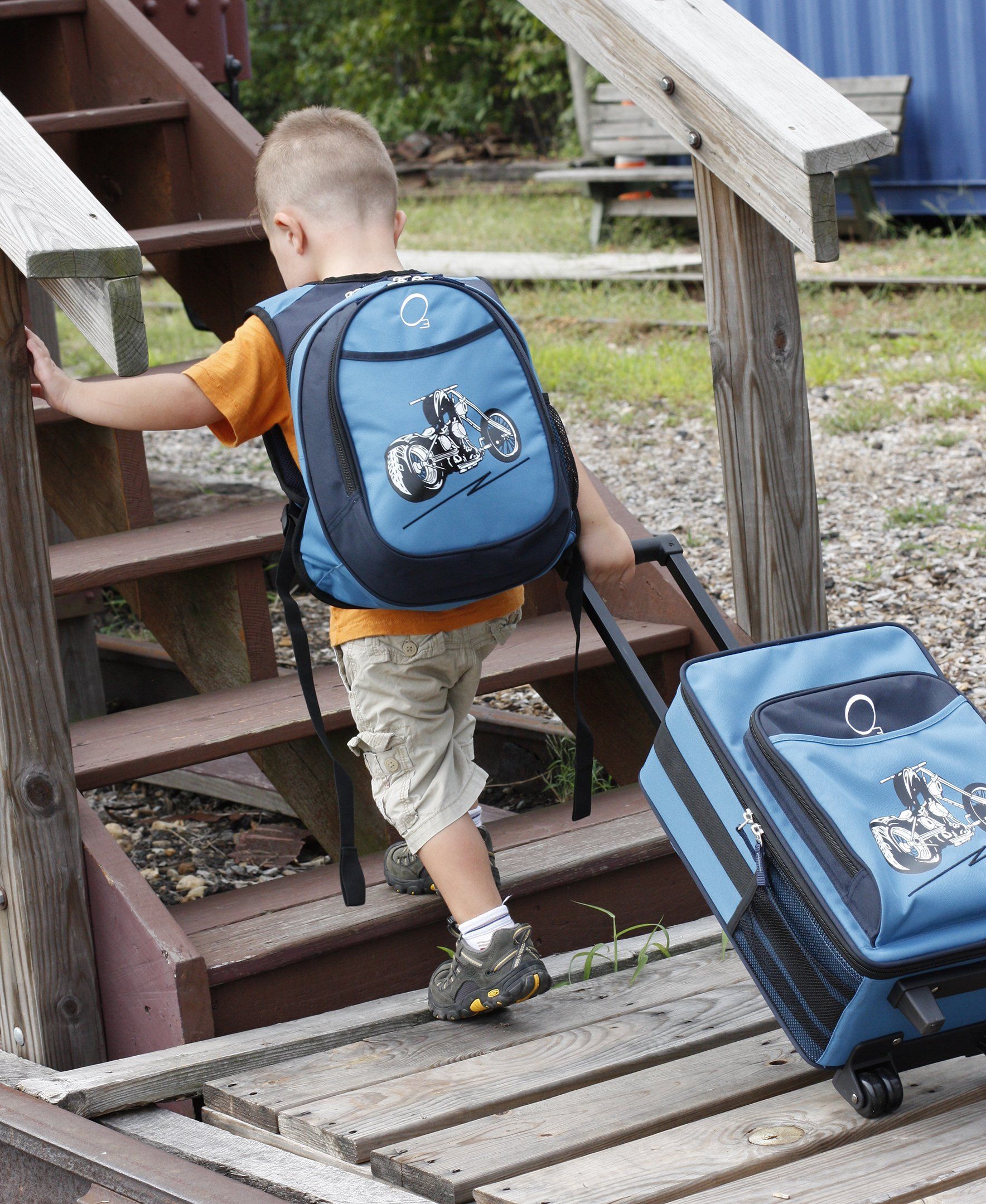 Obersee Mini Preschool All-in-One Backpack for Toddlers featuring a blue motorcycle design, compact size, and insulated cooler pocket.