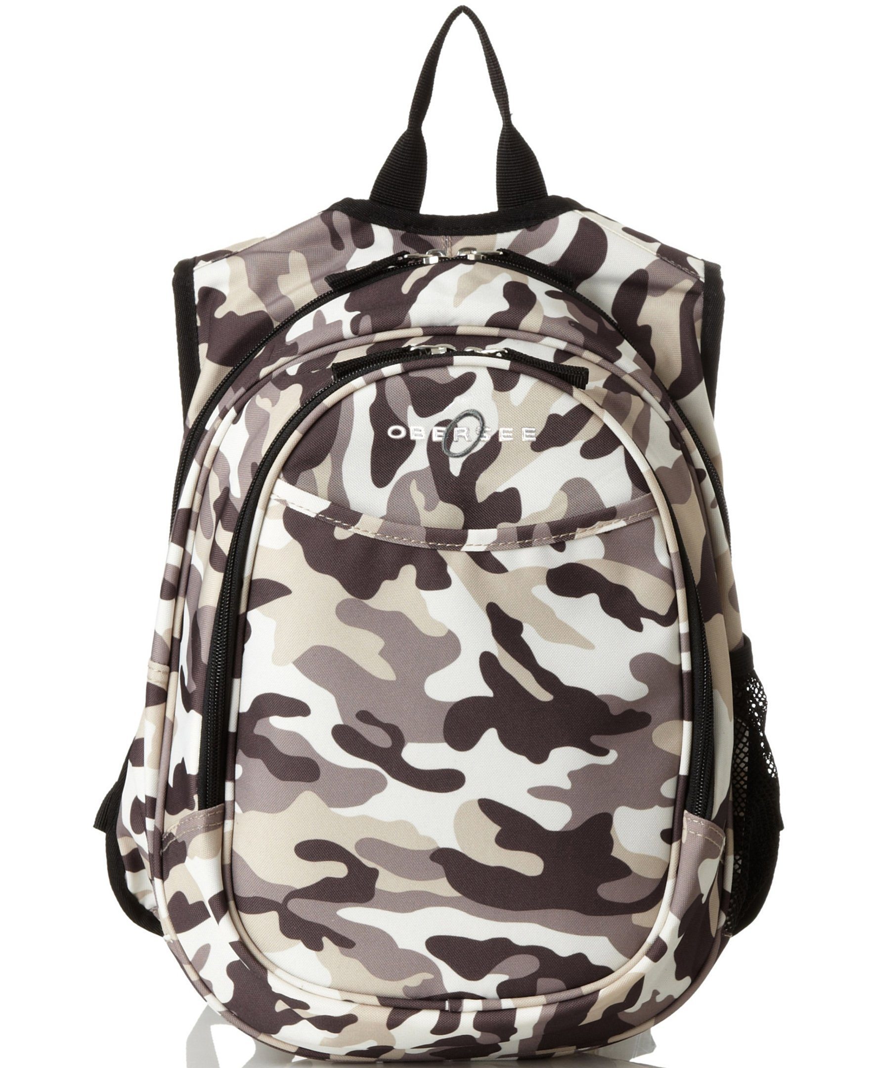 Obersee Mini Preschool All-in-One Backpack in camo design, featuring insulated cooler pocket, padded straps, and compact size for toddlers.